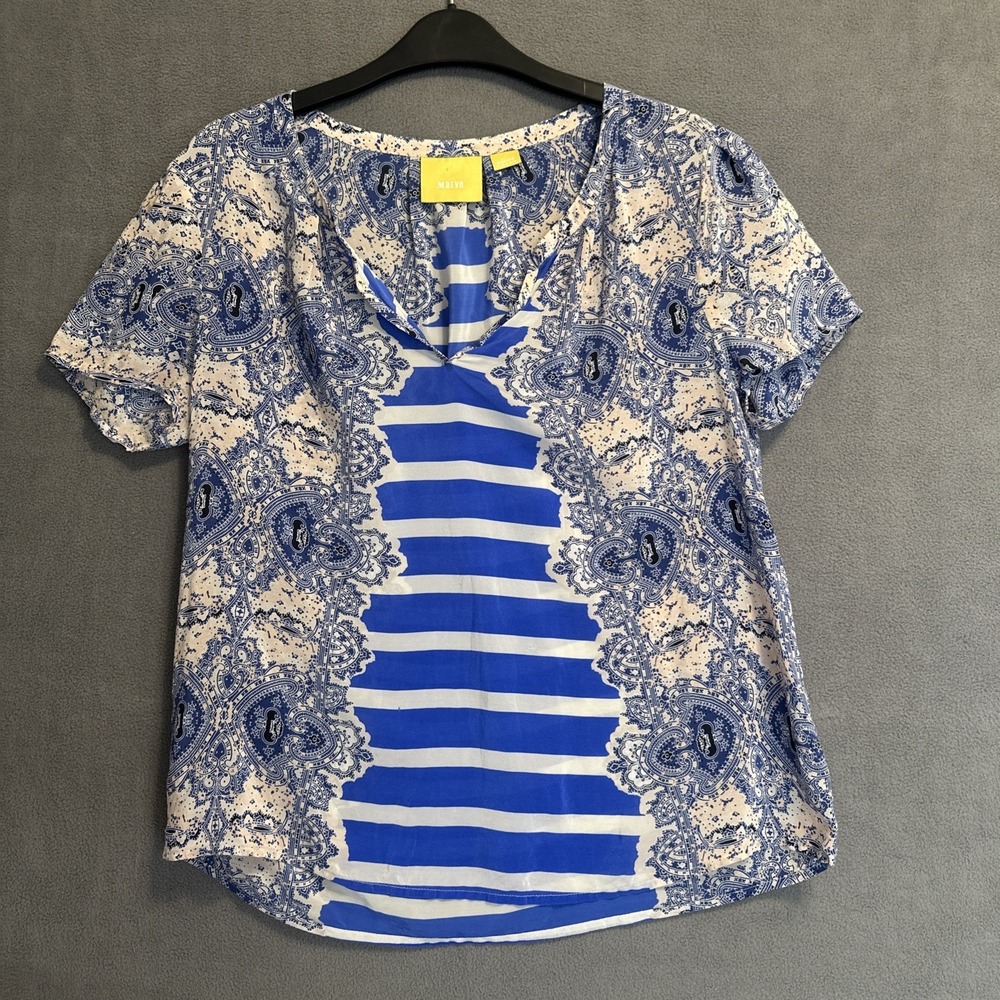 Anthropologie Maeve Archivist Top 100% Silk Paisley Striped Size M Blue Office